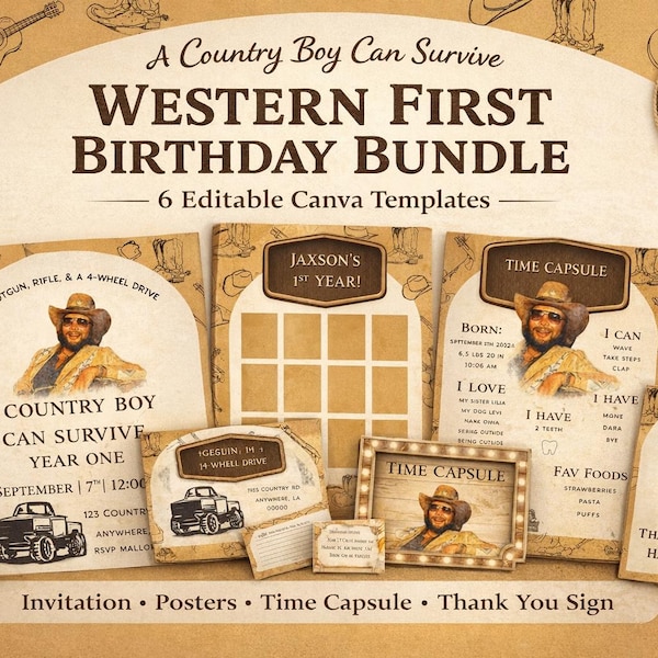 Country Boy Can Survive First Birthday Bundle, Western 1st Birthday Invitation, Editable Canva Template, Hank Inspired