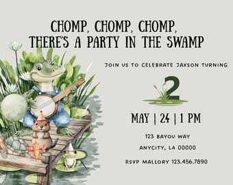 Może przedstawiać: Zaproszenie z tekstem "CHOMP, CHOMP, CHOMP, THERE'S A PARTY IN THE SWAMP". Przedstawia żabę grającą na banjo, żółwia, bobra i żabę na drewnianym pomoście. Zaproszenie jest na 2. urodziny Jaxsona, 24 maja o 13:00.