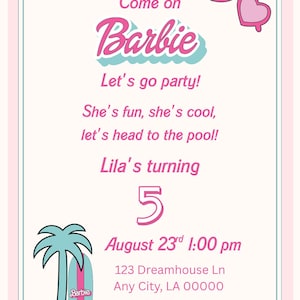 Malibu Barbie pool party invitation for 5th birthday & thank you sign for party favors!
