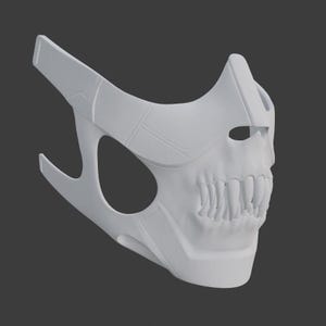 May include: A white plastic mask with a skull design. The mask has a large mouth with sharp teeth and a small eye hole on the right side.