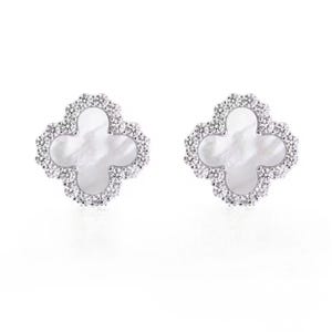 Natural Mother of Pearl Clover or Natural Onyx Stud Earrings with Cubic Zirconia in Sterling Silver , Gift for Her