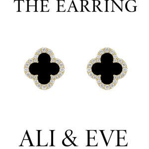 Natural Mother of Pearl Clover or Natural Onyx Stud Earrings with Cubic Zirconia in 14k Gold Plated 925 Sterling Silver, Gift for Her