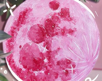 Sprankelend roze volle maan ~ handgeschilderd acryl op rond canvas