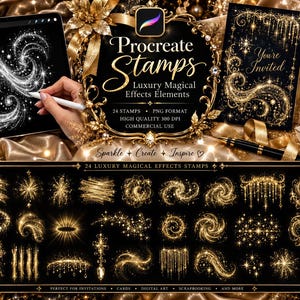 May include: A digital collection of 24 luxury magical effects Procreate stamps featuring gold glitter swirls, sparkles, and light bursts. The set includes PNG files for commercial use, displayed on a black background with gold ornate frames and text.