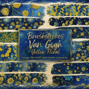 May include: A digital collection of fourteen PNG images featuring blue and yellow floral patterns in a painterly brushstroke style. The central text reads Brushstrokes Van Gogh Yellow Floral, 14 Images - PNG - 300 DPI - Digital Download - Commercial Use.