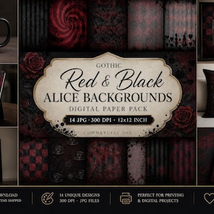 May include: A digital paper pack featuring 14 gothic red and black backgrounds with Alice in Wonderland themes. The collection includes patterns of roses, stripes, swirls, and silhouettes, displayed on a mug, notebook, bag, pillow, and tag.
