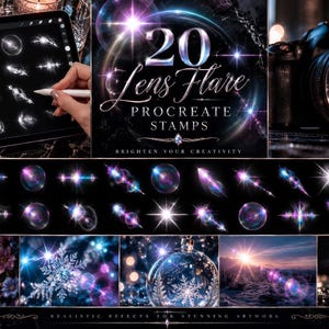 May include: A digital collection of 20 lens flare Procreate stamps featuring various light effects, starbursts, and circular glows in shades of blue, purple, and white, displayed on a tablet screen and in multiple example compositions.