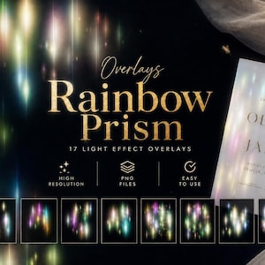 May include: A digital product display featuring the text Overlays Rainbow Prism 17 Light Effect Overlays with gold lettering on a black background. It includes a sample wedding invitation card and eight small square thumbnails of light effects.