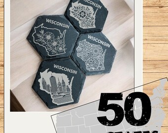 Engraved Wisconsin Slate Coasters – Housewarming Gift, State Pride