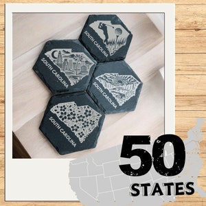 South Carolina- 4 gravierte Schiefer Untersetzer | Personalisierte Housewarming Geschenk | Zustand Patrioten und Reisende | Gravierte Schieferuntersetzer