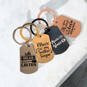 Music Themed Personalized Keychain, Engraved Stainless Steel, Unique Music Lover Gift