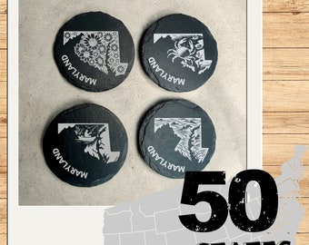 Maryland - Set 4 gravierte Schiefer Untersetzer | Personalisierte Housewarming Geschenk | Vervollkommnen Sie für neue Hausbesitzer, Zustand Buncher und Reisende