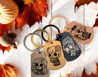 Personalized Engraved Skeleton Keychain, Halloween Accessory