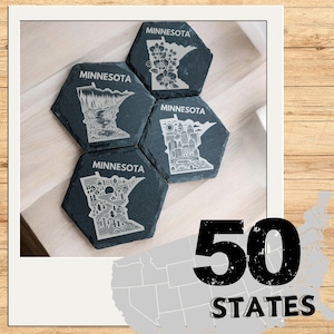 Minnesota - Set of 4 Engraved Slate Coasters | Personalized Housewarming Gift| Perfect for New Homeowners, State Patriots, and Travelers