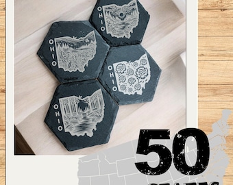 Ohio - Juego de 4 posavasos de pizarra grabados / Regalo personalizado para inauguración de la casa / Patriotas y viajeros del estado / Posavasos de pizarra grabados