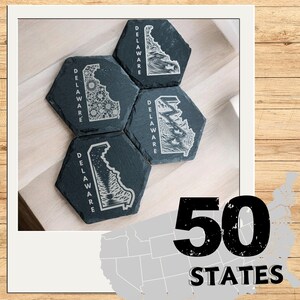 Delaware - Set of 4 Engraved Slate Coasters | Personalized Housewarming Gift| Perfect for New Homeowners, State Patriots, and Travelers