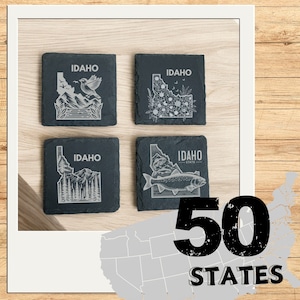 Idaho - Set of 4 Engraved Slate Coasters | Personalized Housewarming Gift| Perfect for New Homeowners, State Patriots, and Travelers