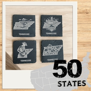 Tennessee - Set of 4 Engraved Slate Coasters | Personalized Housewarming Gift | State Patriots, and Travelers | Engraved slate coasters