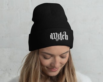 Winter Witch Hat, Halloween Embroidered Beanie, Pom Pom or Cuffed Options, Witchy Clothing