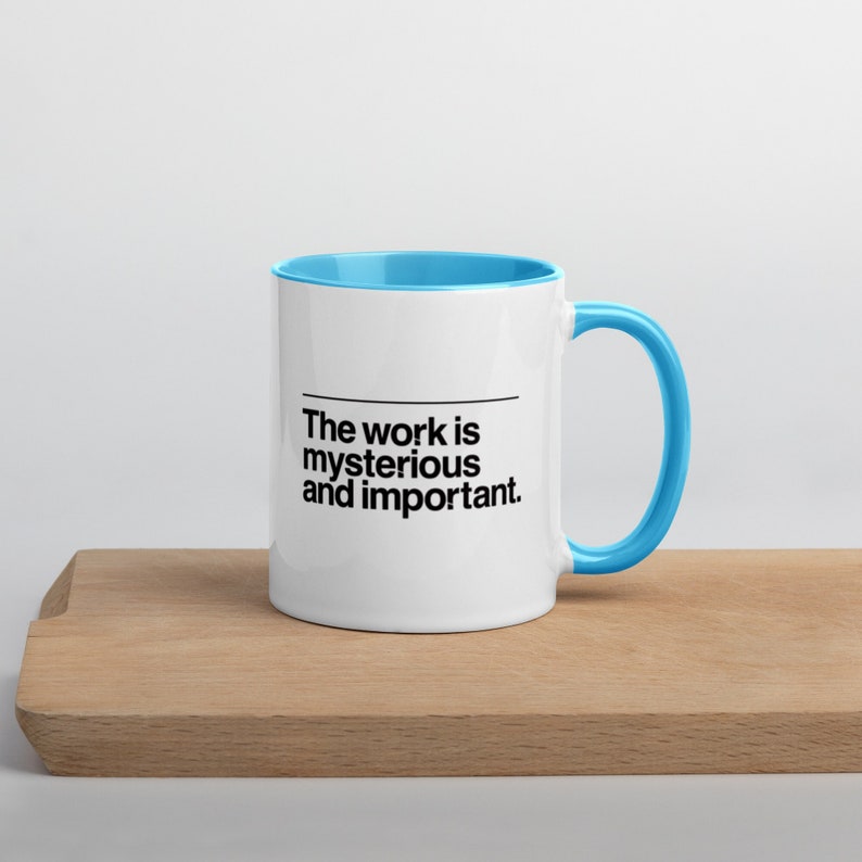 The Work is Mysterious & Important, Severance TV Mug, 11oz Coffee Cup with Blue Accent image 1