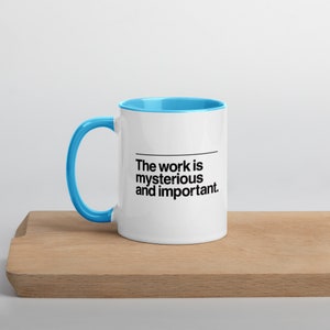 The Work is Mysterious & Important, Severance TV Mug, 11oz Coffee Cup with Blue Accent image 2