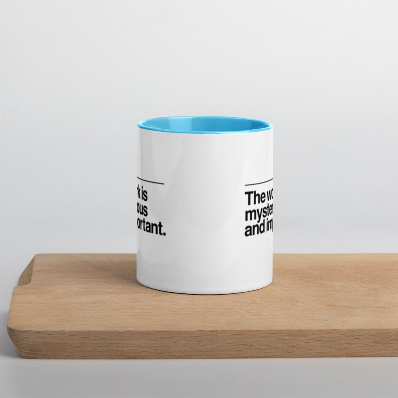 The Work is Mysterious & Important, Severance TV Mug, 11oz Coffee Cup with Blue Accent image 3