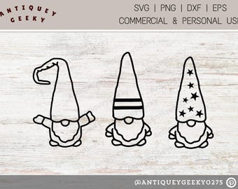May include: Three black and white line drawings of gnomes. The gnome on the left has a curved hat. The gnome in the middle has a striped hat. The gnome on the right has a hat with stars.