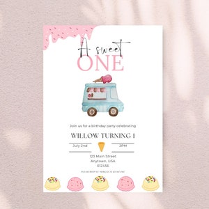 Ice Cream Birthday Invitation, Ice cream Party A sweet one , Girl Birthday,Printable Editable, 1st Birthday Invite