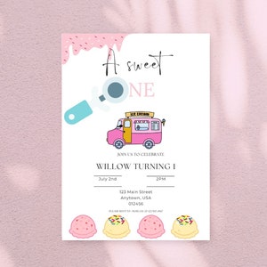 Ice Cream Birthday Invitation, Ice cream Party A sweet one , Girl Birthday,Printable Editable, 1st Birthday Invite,
