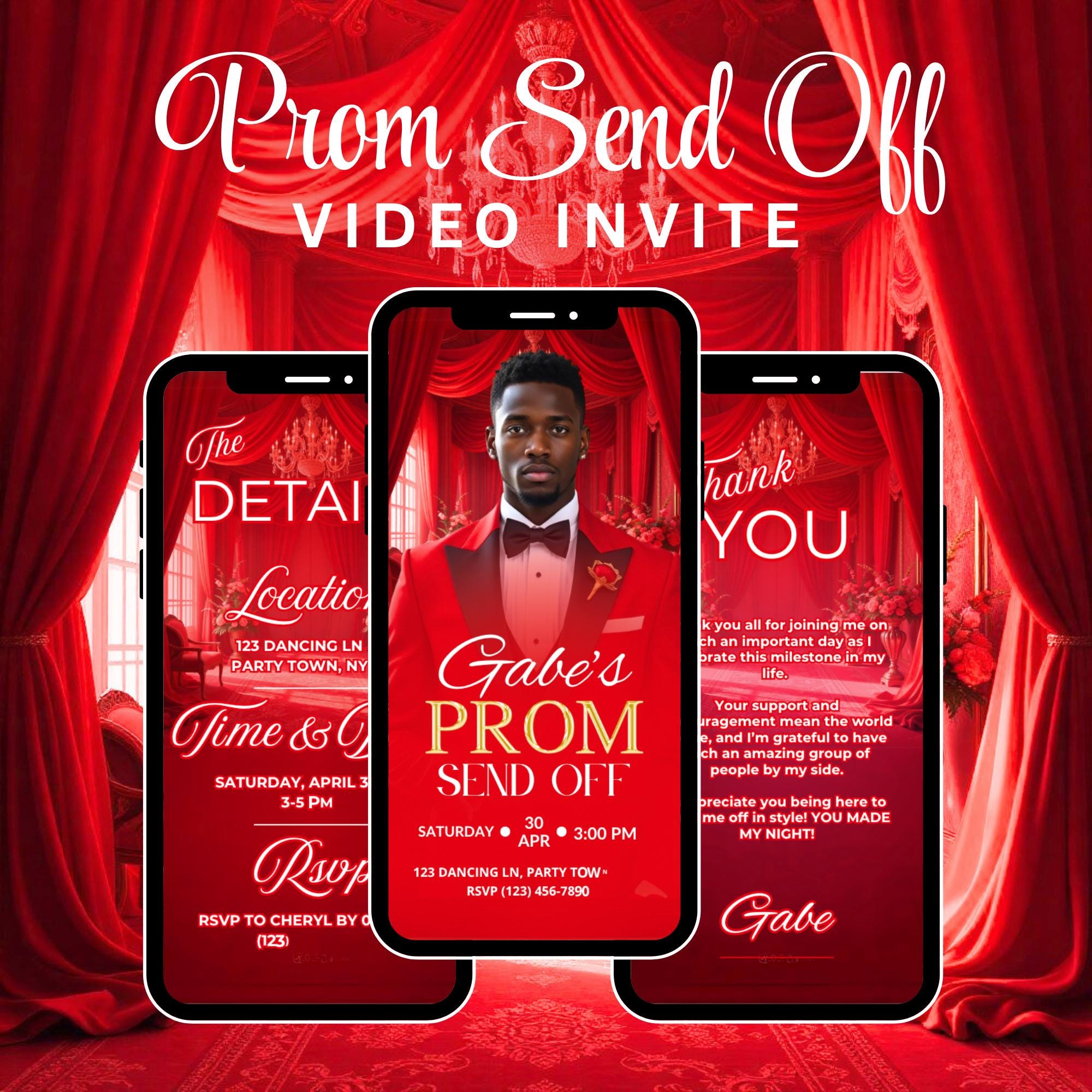 Red Prom Send-Off Invitation, Bold & Luxe Digital Video Invite, Editable Prom Party Template, Instant Download 15-3