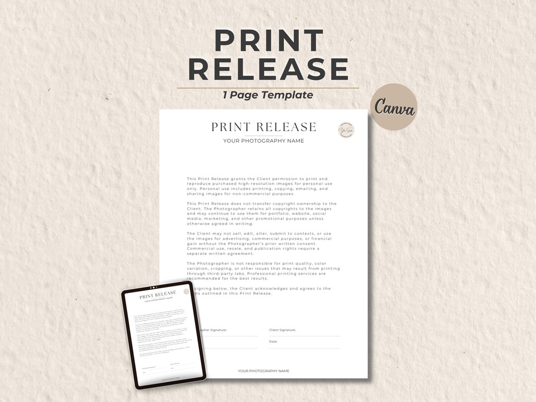 Print Release Form Template, Photo Release Form, Editable Canva Print ...