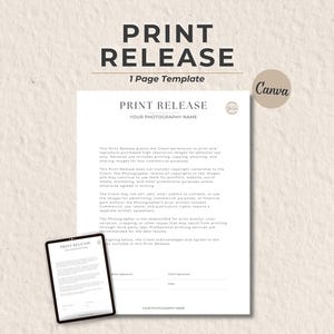 Print Release Form Template, Photo Release Form, Editable Canva Print Release, Photography Release Template, Photographer Client Form, Canva