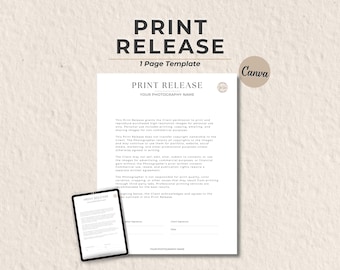 Print Release Form Template, Photo Release Form, Editable Canva Print Release, Photography Release Template, Photographer Client Form, Canva