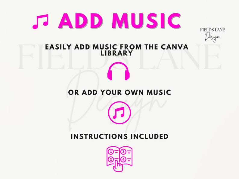 Puede incluir: Gr&aacute;fico con el texto "ADD MUSIC" en rosa brillante, con instrucciones sobre c&oacute;mo agregar m&uacute;sica desde la biblioteca de Canva o tu propia m&uacute;sica. Incluye iconos de auriculares y notas musicales.