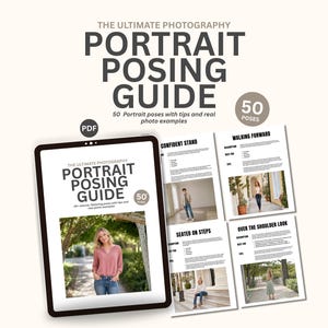 Puede incluir: Una guía digital de poses para retratos mostrada en una pantalla de tableta y páginas impresas. El texto dice THE ULTIMATE PHOTOGRAPHY PORTRAIT POSING GUIDE, 50 POSES, e incluye secciones como CONFIDENT STAND, WALKING FORWARD, SEATED ON STEPS y OVER THE SHOULDER LOOK.