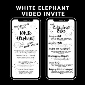 Puede incluir: Una invitaci&oacute;n digital en blanco y negro para una fiesta de Elefante Blanco. La invitaci&oacute;n incluye la fecha y la hora de la fiesta, la direcci&oacute;n y una lista de reglas para el juego. La invitaci&oacute;n tambi&eacute;n presenta un elefante de dibujos animados.