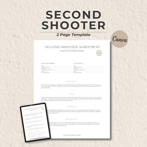 Sjabloon Second Shooter-overeenkomst, fotografiecontract, Canva-contractsjabloon, fotograafformulier, bewerkbaar Second Shooter-contract