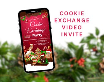 May include: A smartphone screen displaying a Christmas cookie exchange party invitation. The invitation features a red background with the text "Cookie Exchange Party" in white. The invitation also includes details about the date, time, location, and RSVP information. The image is set against a blurred background of green foliage.