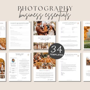 Pakiet niezbędnych narzędzi dla firm fotograficznych, przewodnik powitalny, umowa z klientem, kwestionariusz, przewodnik cenowy, e-mail, edytowalny szablon Canva