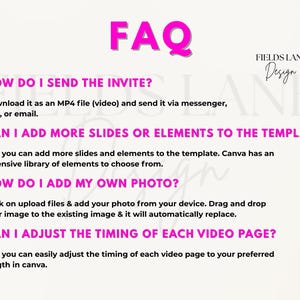 Puede incluir: Una hoja de preguntas frecuentes digital con un fondo beige claro y texto rosa. El t&iacute;tulo "FAQ" est&aacute; en letras grandes de color rosa brillante. El texto responde preguntas sobre el env&iacute;o de invitaciones de v&iacute;deo, la adici&oacute;n de elementos y el ajuste del tiempo.