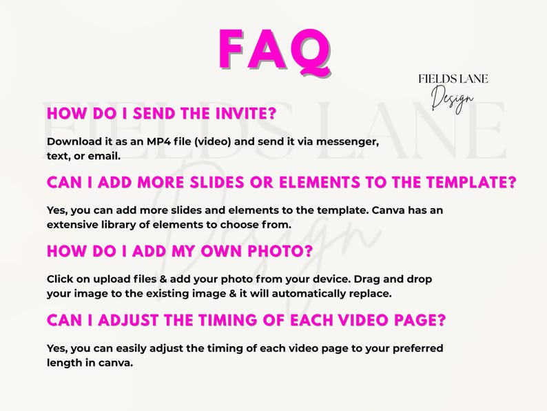 Puede incluir: Una hoja de preguntas frecuentes digital con un fondo beige claro y texto rosa. El t&iacute;tulo "FAQ" est&aacute; en letras grandes de color rosa brillante. El texto responde preguntas sobre el env&iacute;o de invitaciones de v&iacute;deo, la adici&oacute;n de elementos y el ajuste del tiempo.