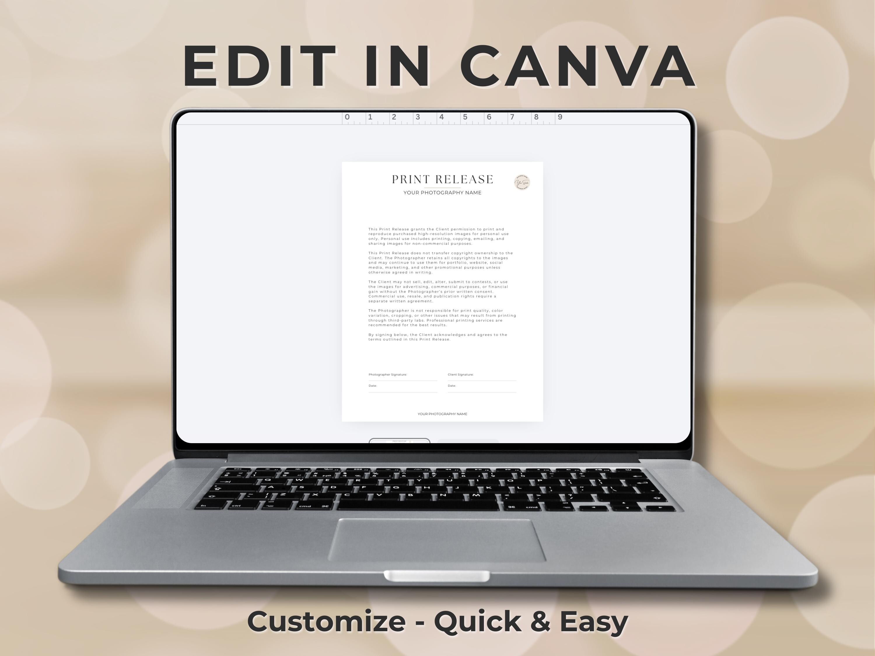 Print Release Form Template, Photo Release Form, Editable Canva Print ...