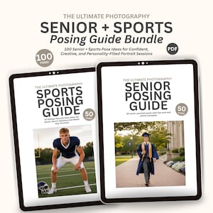 Puede incluir: Un paquete digital titulado The Ultimate Photography Senior + Sports Posing Guide Bundle. Dos tabletas muestran las portadas de la guía de poses deportivas y la guía de poses para graduados, con ejemplos fotográficos de un jugador y un graduado.