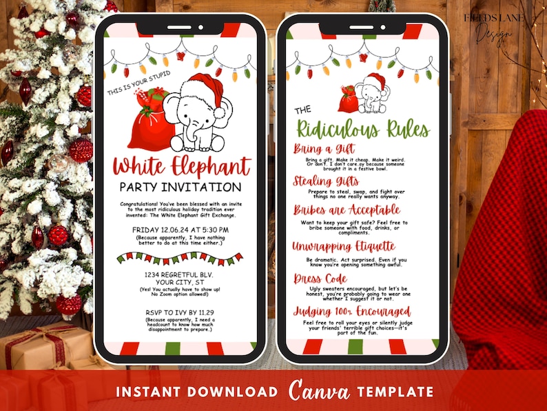 Puede incluir: Invitaci&oacute;n digital para una fiesta de White Elephant, mostrada en dos smartphones. El dise&ntilde;o presenta un elefante de dibujos animados con un gorro de Pap&aacute; Noel, una bolsa de regalo roja y texto festivo. La invitaci&oacute;n incluye detalles del evento y reglas humor&iacute;sticas.