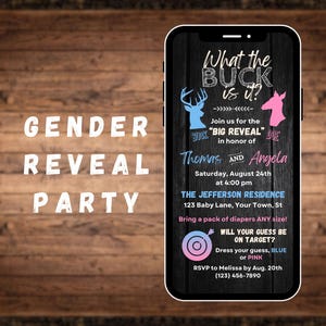 Invitación electrónica para revelar el género de un ciervo o una cierva (Canva)