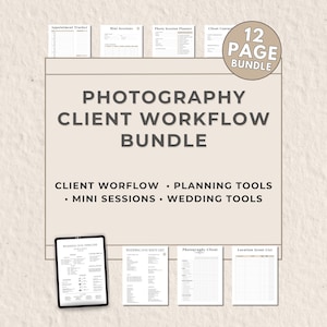 May include: A beige digital download bundle titled "Photography Client Workflow Bundle." The bundle includes 12 pages of planning tools, including client workflow, mini sessions, and wedding tools. A tablet displays a sample page.