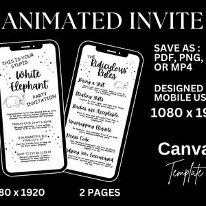 Puede incluir: Invitaci&oacute;n animada en blanco y negro para una fiesta de Elefante Blanco. La invitaci&oacute;n incluye la fecha, la hora y la ubicaci&oacute;n de la fiesta, as&iacute; como una lista de reglas rid&iacute;culas para el intercambio de regalos. La invitaci&oacute;n est&aacute; dise&ntilde;ada para uso m&oacute;vil y se puede guardar como PDF, PNG, JPG o MP4.