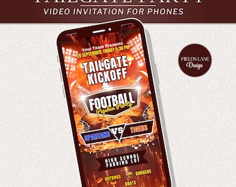 May include: A smartphone displays a digital invitation for a tailgate party. The invitation features text that reads "Tailgate Kickoff" and "Football Pigskin Party." The invitation includes the date, time, and a graphic of football helmets.