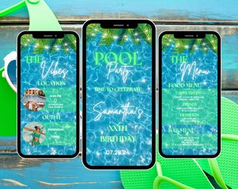 Puede incluir: Tres maquetas de pantalla de teléfono con un tema de invitación a una fiesta en la piscina. La primera pantalla dice "The Vibes" e incluye detalles sobre la ubicación, la hora y el atuendo. La segunda pantalla dice "Pool Party" e incluye el texto "Time to Celebrate", "Samantha's XXTH Birthday", y "07.28.24". La tercera pantalla dice "The Menu" e incluye una lista de comida y bebidas para la fiesta.