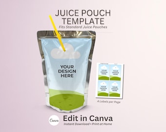 Puede incluir: Una plantilla de bolsa de jugo con una pajita amarilla, con el texto "YOUR DESIGN HERE" sobre un fondo azul claro con un diseño de nube. Incluye una hoja de cuatro etiquetas. El texto dice "JUICE POUCH TEMPLATE" y "Edit in Canva".